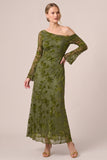 Green Floral Asymmetrical Neck Sheath Long Sleeve Formal Dress