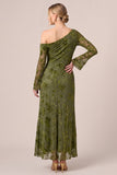 Green Floral Asymmetrical Neck Sheath Long Sleeve Formal Dress