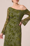 Green Floral Asymmetrical Neck Sheath Long Sleeve Formal Dress
