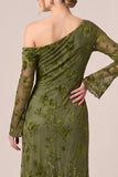Green Floral Asymmetrical Neck Sheath Long Sleeve Formal Dress