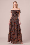 Off the Shoulder Velvet Burnout Brown A Line Long Formal Dress