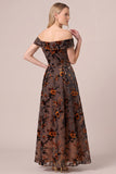 Off the Shoulder Velvet Burnout Brown A Line Long Formal Dress