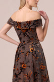 Off the Shoulder Velvet Burnout Brown A Line Long Formal Dress