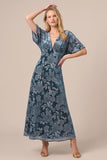 Floral Blue V-Neck A Line Midi Dress with Short Sleeves