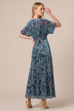 Floral Blue V-Neck A Line Midi Dress with Short Sleeves