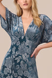 Floral Blue V-Neck A Line Midi Dress with Short Sleeves