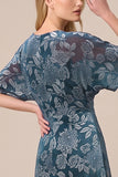 Floral Blue V-Neck A Line Midi Dress with Short Sleeves