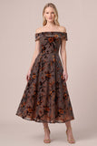 Brown Off the Shoulder Velvet Burnout A Line Midi Formal Dress