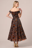 Brown Off the Shoulder Velvet Burnout A Line Midi Formal Dress