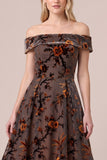 Brown Off the Shoulder Velvet Burnout A Line Midi Formal Dress