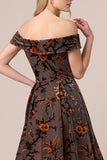 Brown Off the Shoulder Velvet Burnout A Line Midi Formal Dress