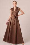 Espresso A Line Cap Sleeve Satin Mother of the Bride Dress with Bow Belt