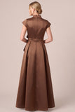 Espresso A Line Cap Sleeve Satin Mother of the Bride Dress with Bow Belt