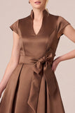 Espresso A Line Cap Sleeve Satin Mother of the Bride Dress with Bow Belt