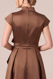 Espresso A Line Cap Sleeve Satin Mother of the Bride Dress with Bow Belt