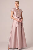 Dusty Rose V-Neck Satin A Line Long Mother of the Bride Dress with Bow Belt