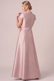 Dusty Rose V-Neck Satin A Line Long Mother of the Bride Dress with Bow Belt