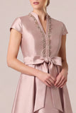 Dusty Rose V-Neck Satin A Line Long Mother of the Bride Dress with Bow Belt