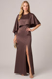 Satin Espresso Cape Sleeve Long Mother of the Bride Dress with Slit