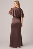 Satin Espresso Cape Sleeve Long Mother of the Bride Dress with Slit