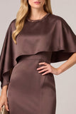 Satin Espresso Cape Sleeve Long Mother of the Bride Dress with Slit