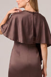 Satin Espresso Cape Sleeve Long Mother of the Bride Dress with Slit