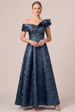 Off the Shoulder Jacquard Navy Ruffled A Line Long Mother of the Bride Dress