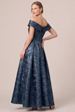 Off the Shoulder Jacquard Navy Ruffled A Line Long Mother of the Bride Dress