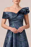Off the Shoulder Jacquard Navy Ruffled A Line Long Mother of the Bride Dress