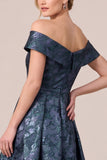 Off the Shoulder Jacquard Navy Ruffled A Line Long Mother of the Bride Dress