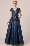 Navy V-Neck Jacquard A Line Mother of the Bride Dress with Bow Belt