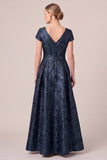 Navy V-Neck Jacquard A Line Mother of the Bride Dress with Bow Belt