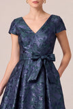 Navy V-Neck Jacquard A Line Mother of the Bride Dress with Bow Belt