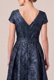 Navy V-Neck Jacquard A Line Mother of the Bride Dress with Bow Belt