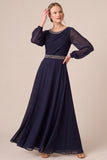 Chiffon A Line Navy Long Sleeve Mother of the Bride Dress with Rhinestones