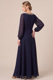 Chiffon A Line Navy Long Sleeve Mother of the Bride Dress with Rhinestones
