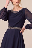 Chiffon A Line Navy Long Sleeve Mother of the Bride Dress with Rhinestones