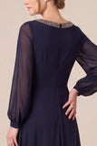 Chiffon A Line Navy Long Sleeve Mother of the Bride Dress with Rhinestones