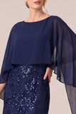 Sequin Mermaid Navy Mother of the Bride Dress with Cape