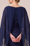 Sequin Mermaid Navy Mother of the Bride Dress with Cape