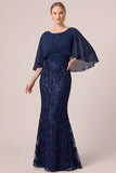 Navy Sequin Mermaid Long Mother of the Bride Dress with Cape