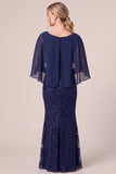 Navy Sequin Mermaid Long Mother of the Bride Dress with Cape