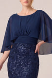 Navy Sequin Mermaid Long Mother of the Bride Dress with Cape