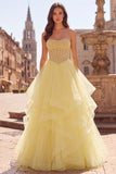 Yellow Strapless Tiered Ruffled Corset A Line Long Prom Dress with Pearls