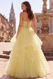 Yellow Strapless Tiered Ruffled Corset A Line Long Prom Dress with Pearls