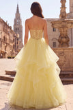 Yellow Strapless Tiered Ruffled Corset A Line Long Prom Dress with Pearls