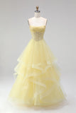 Yellow Strapless Tiered Ruffled Corset A Line Long Prom Dress with Pearls