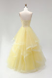 Yellow Strapless Tiered Ruffled Corset A Line Long Prom Dress with Pearls