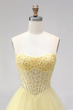 Yellow Strapless Tiered Ruffled Corset A Line Long Prom Dress with Pearls