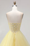 Yellow Strapless Tiered Ruffled Corset A Line Long Prom Dress with Pearls